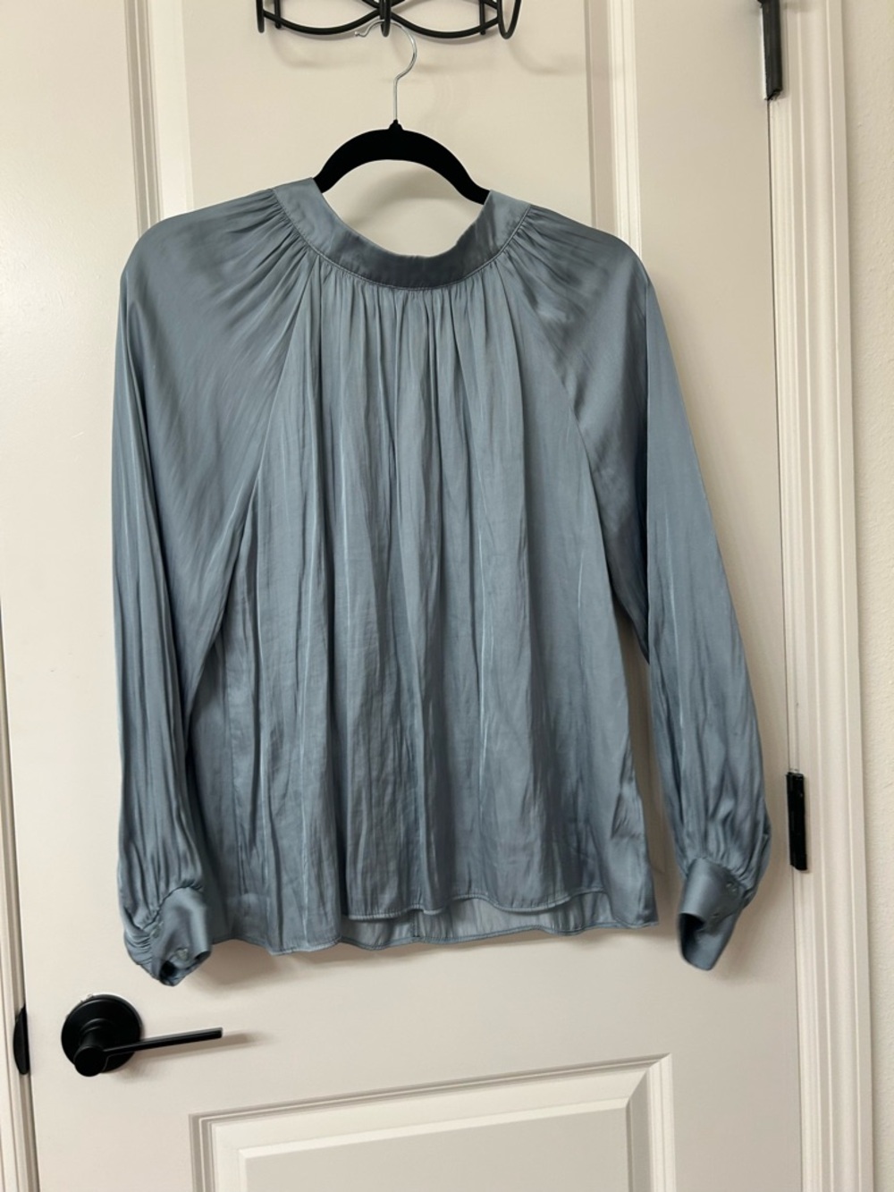 Women's Light Blue Pleated Long-Sleeve Blouse